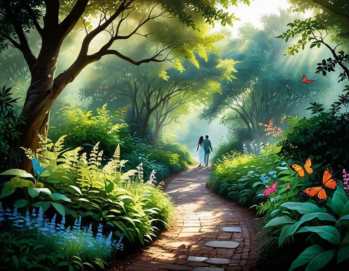 A serene path winding through a lush, enchanting garden, symbolizing the journey of love. Soft sunlight filters through the leaves, illuminating two silhouettes hand-in-hand, representing courtship and deep connection. Delicate butterflies flutter around, embodying transformation and compatibility. An ethereal mist fills the background, adding a dreamy quality to the scene. painting. vibrant colors. soft focus.
