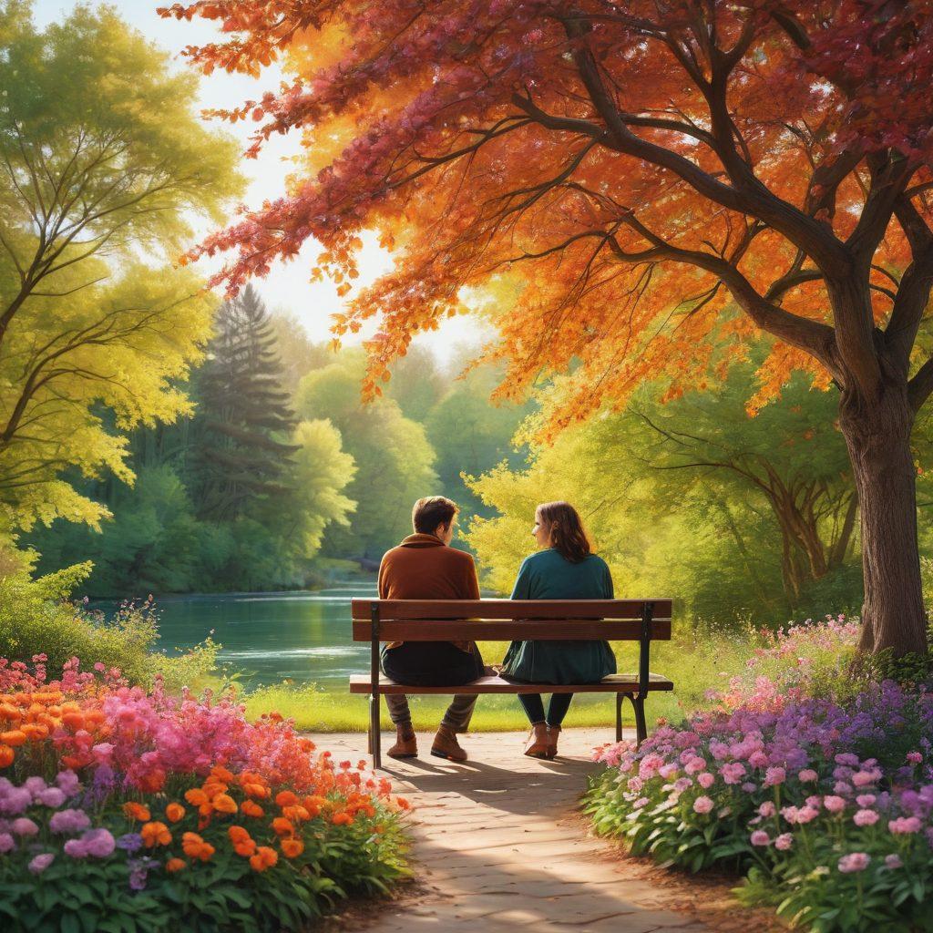 A serene scene depicting two people sitting on a bench in a lush park, sharing a heartfelt moment while surrounded by blooming flowers and warm sunlight, symbolizing emotional connection and intimacy. Include soft, flowing lines to represent feelings of warmth and love. Capture a gentle breeze with leaves swirling around them, signifying growth in their bond. super-realistic. vibrant colors. soft focus.