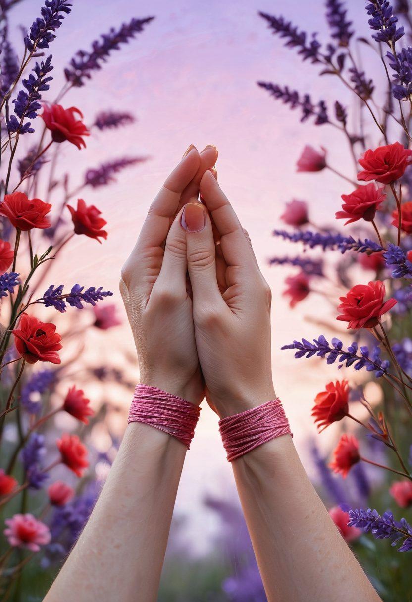 A close-up of intertwined hands gently holding a vibrant red thread symbolizing emotional bonds, surrounded by soft pink and lavender flowers. In the background, a soft-focus silhouette of a couple embracing silhouettes, capturing the essence of romance. The overall image exudes warmth and connection, evoking feelings of love. super-realistic. vibrant colors. soft bokeh.